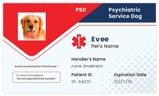 Sample psychiatric service dog ID card showing a golden retriever photo, handler name, and patient ID