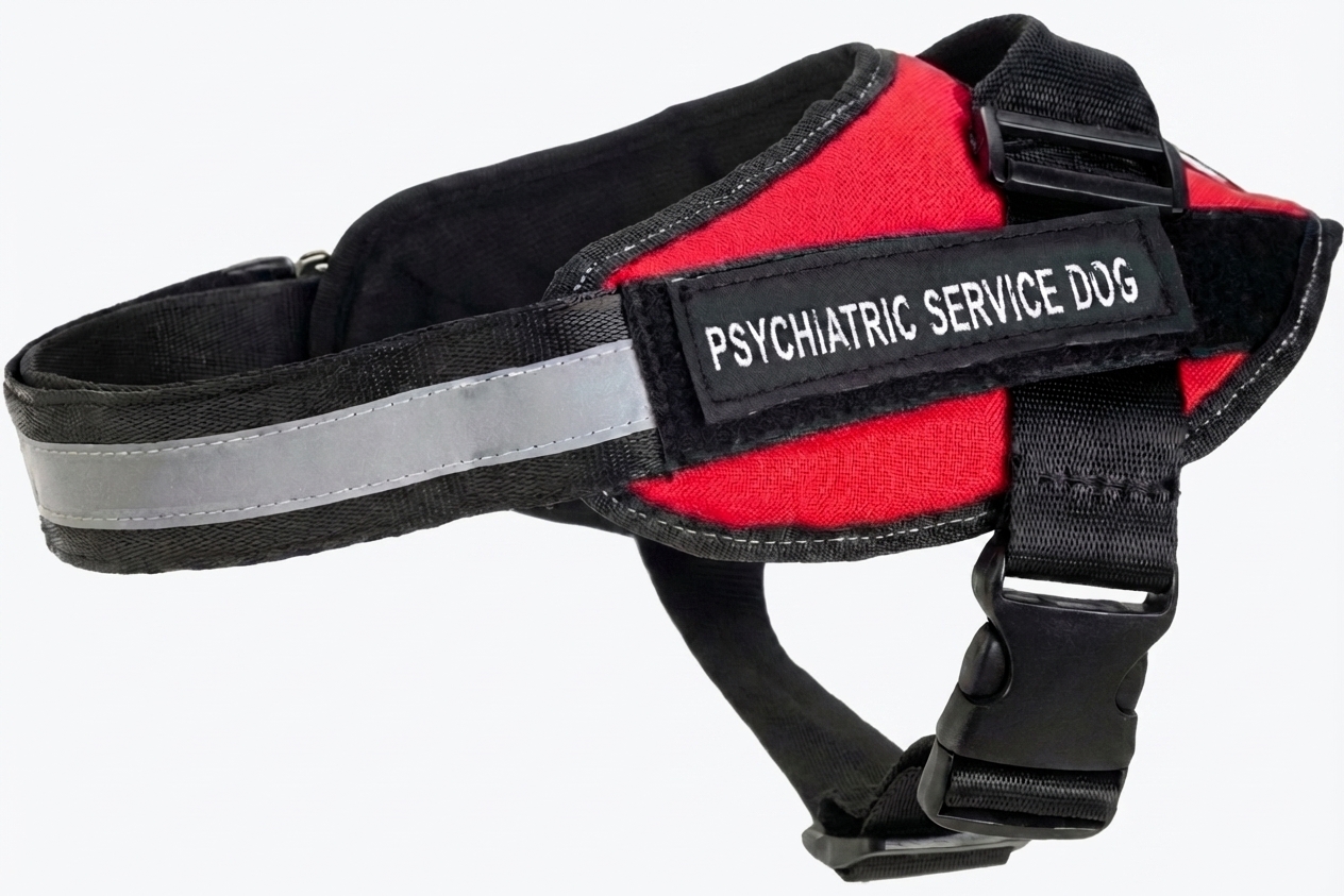 Red and black reflective psychiatric service dog vest with identification patch