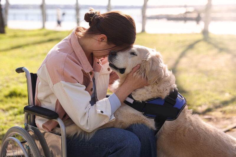 Woman in a wheelchair embracing her golden retriever service dog at a park