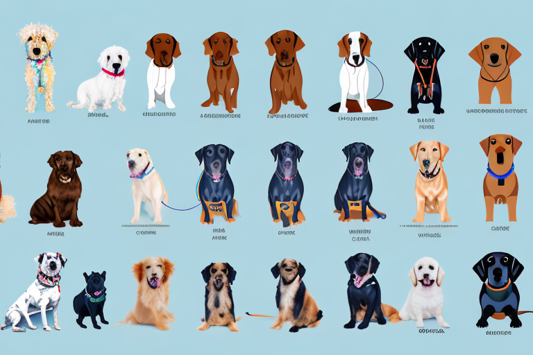 A variety of service dog breeds in different poses