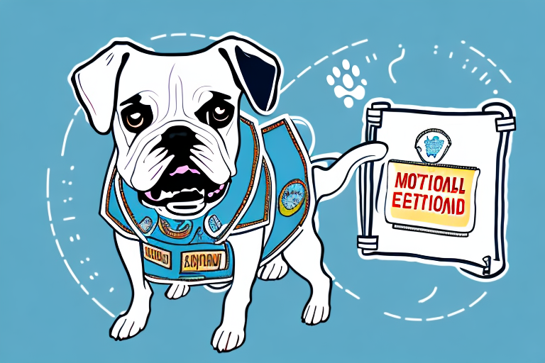 A dog wearing a vest with a patch that reads "emotional support animal"