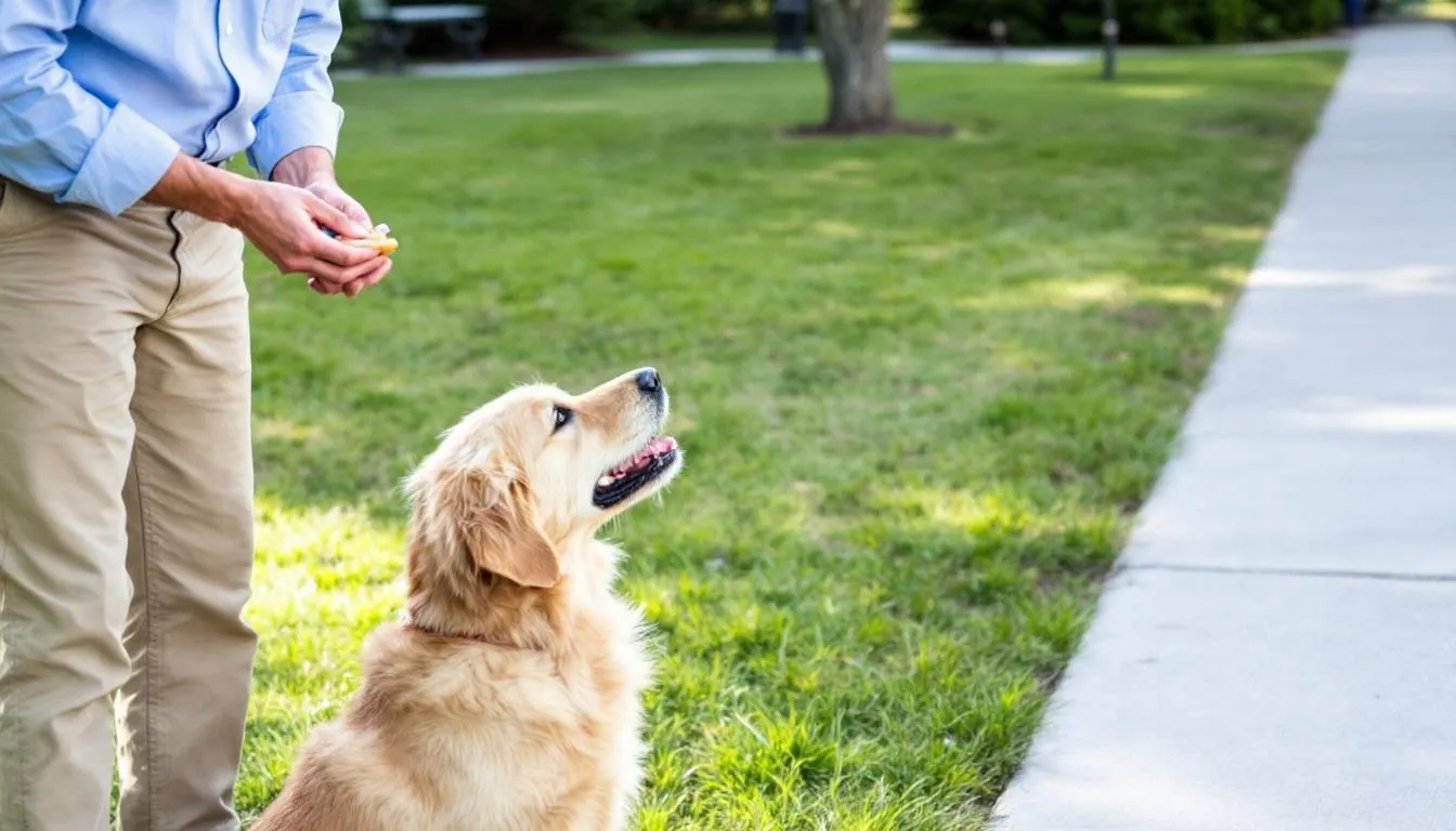 A handler is seen working with a well-trained service dog during a training session, using positive reinforcement techniques to teach basic obedience commands. The dog is focused and responsive, demonstrating skills that assist the handler with mobility and daily tasks.