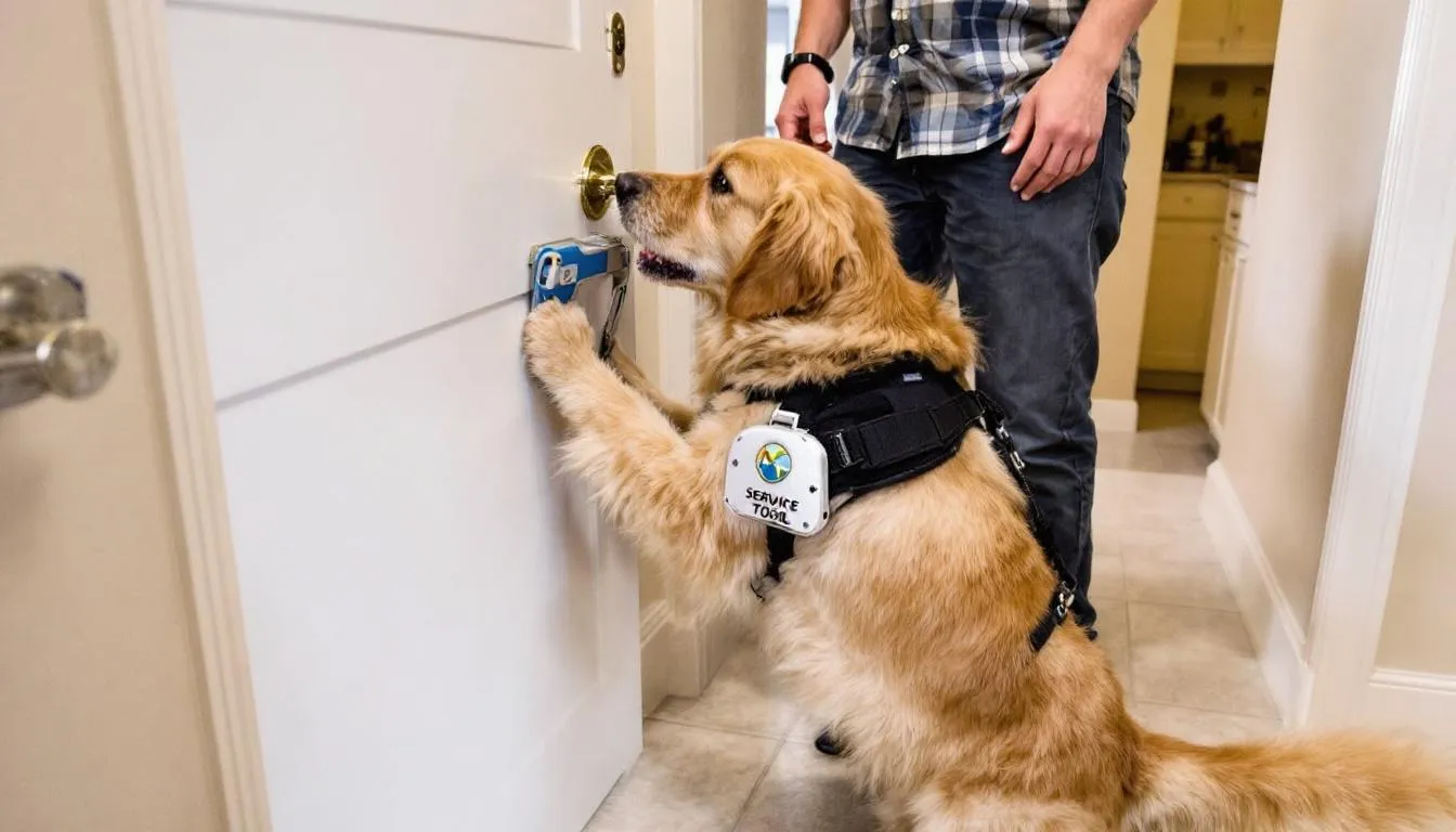 A well-trained service dog is using specialized equipment to assist its disabled handler by opening a heavy door, showcasing the dog's skills in mobility assistance and basic obedience commands. This task highlights the dog's role in providing support and enhancing the handler's independence.