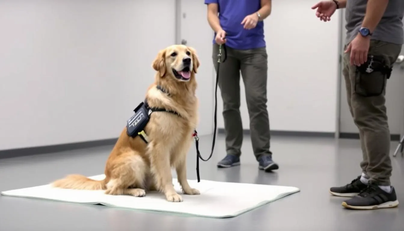 A well-trained service dog sits attentively in a training environment, focused on its handler as they give basic obedience commands. This scene illustrates the bond and teamwork between the service dog and its disabled handler, showcasing the dog's skills in assisting with tasks such as mobility assistance and retrieving items.